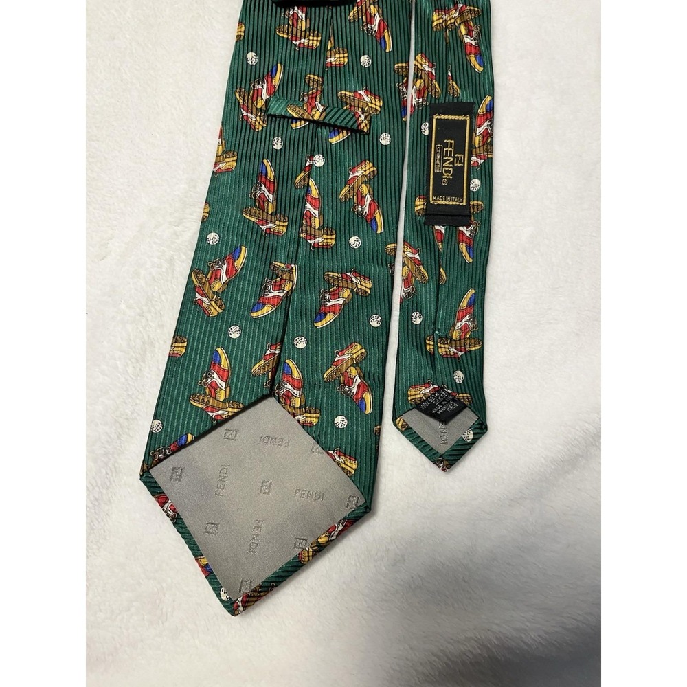 Fendi Cravatte Mens Green 100% Silk Golf Shoes Pattern Italian Designer Neck Tie - Picture 4 of 6